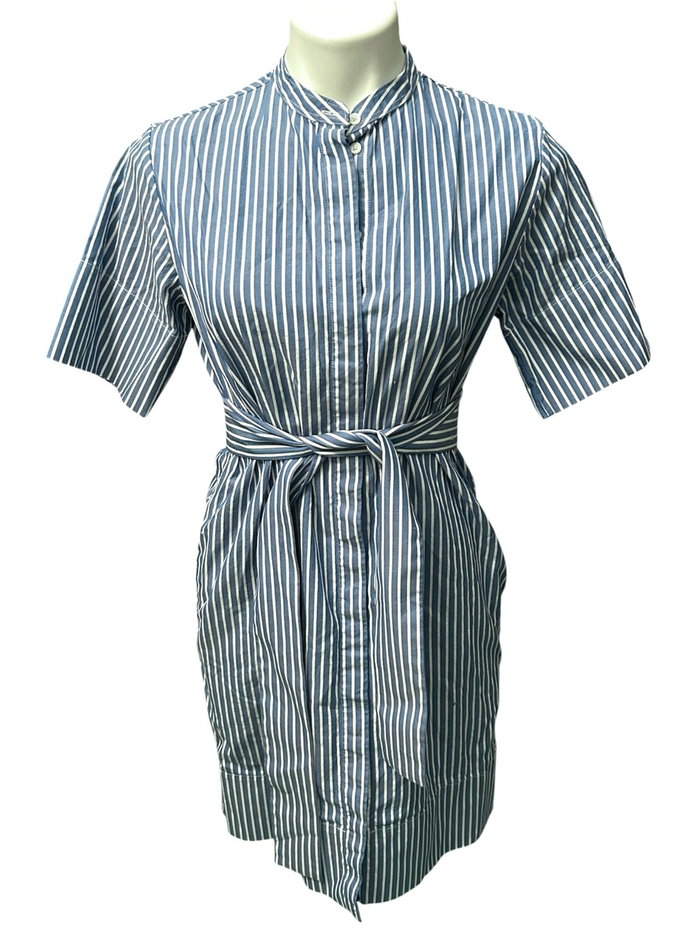 Everlane Blue & White Striped Collarless Cotton Belted Shirtdress - Size 2 - Picture 3 of 13